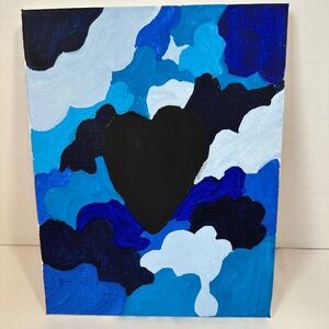 Hand-painted squiggly blotched abstract dark and light blue gouache painting